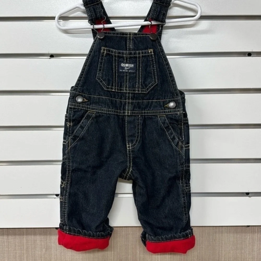 OshKosh‎ B’Gosh veatbak red fleece lined denim jean bib overalls 6mos